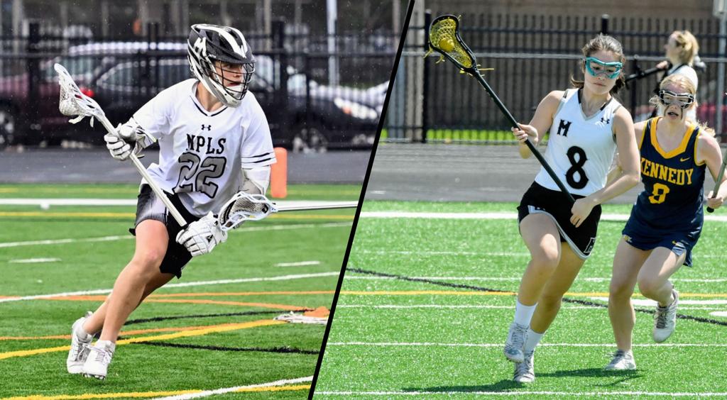 Minneapolis Boys High School Lacrosse player on the left on offense during a game, Minneapolis Girls High School Lacrosse player on the right on offense during a game, 