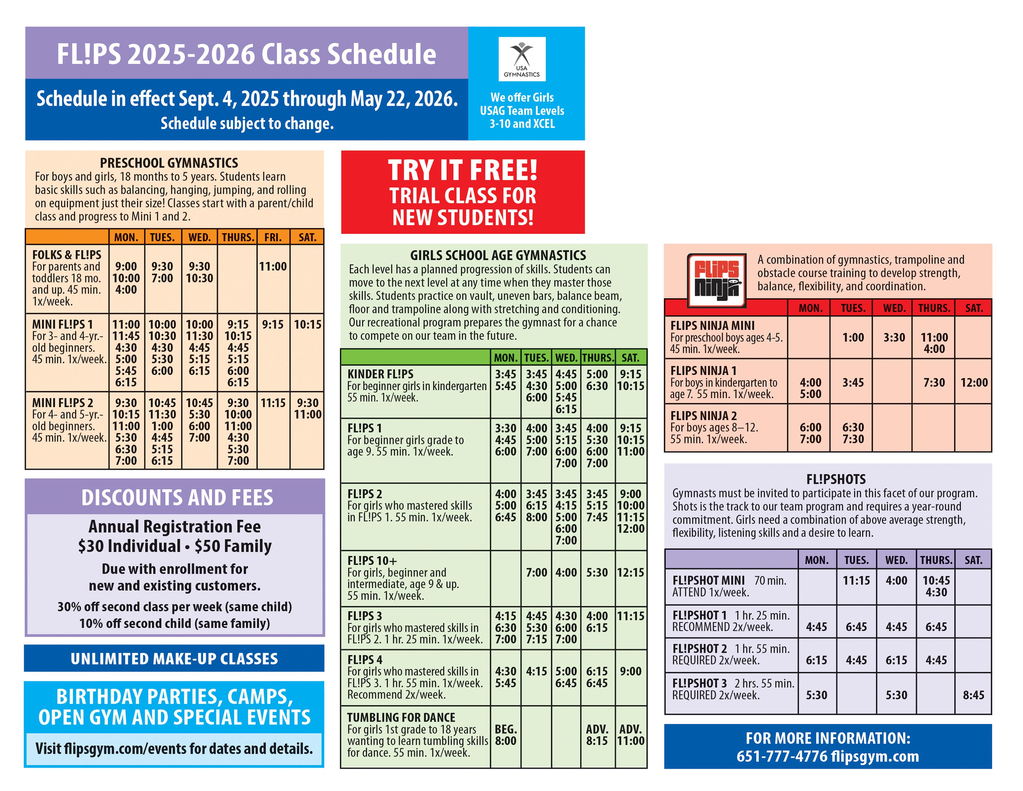 Flips School Year 2025-2026 Class Schedule Minnesota