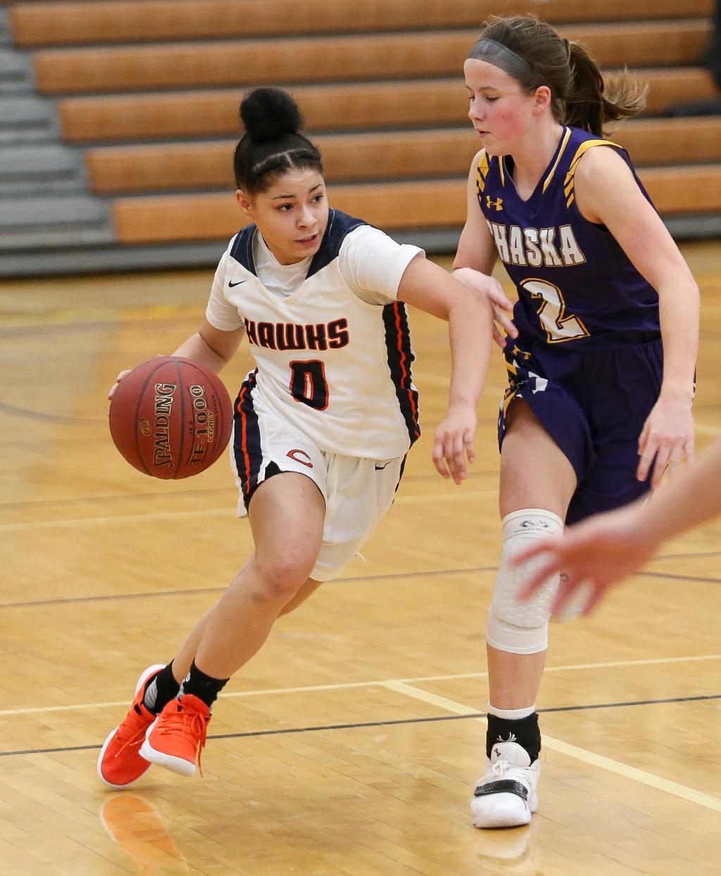 Jayla Reliford (0) carries the ball past defender Kennedy Sanders (2).  Reliford scored 11 points as Cooper held on for the 75-70 win over Chaska. Photo by Cheryl Myers, SportsEngine