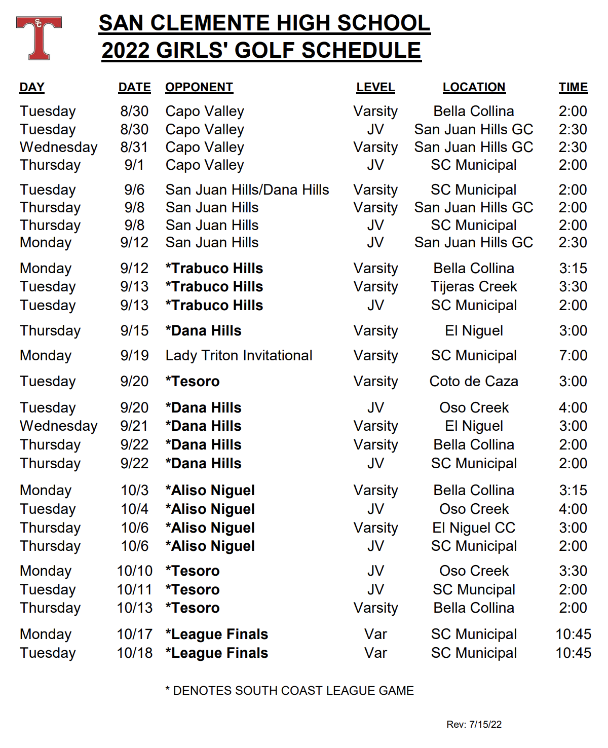 Girls Golf Schedule