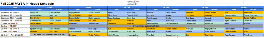 Fall 2025 Schedule (with updated 10/25 games for Majors!)