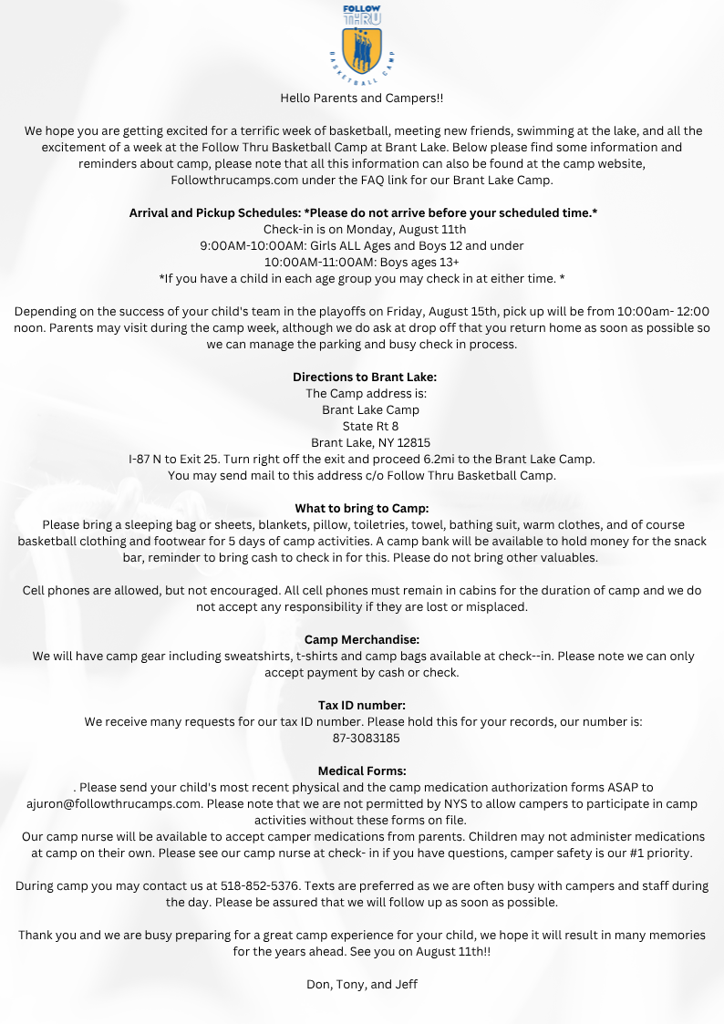 Important information about Brant Lake Camp 2025!