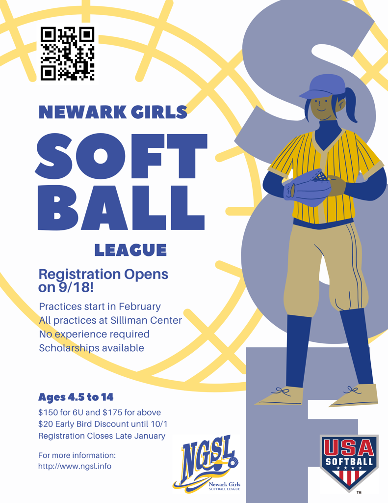 A flyer for soliciting girls to sign up for the Newark Girls Softball League.