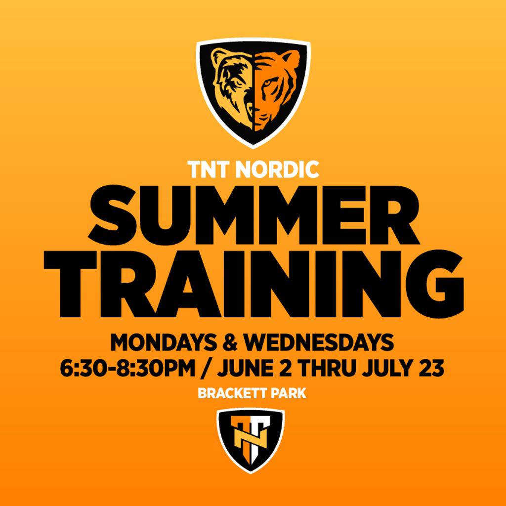 Graphic: TNT Nordic Summer Training. Mondays & Wednesdays 6:30-8:30pm, June 2 thru July 23. Bracket  Park. TNT logo