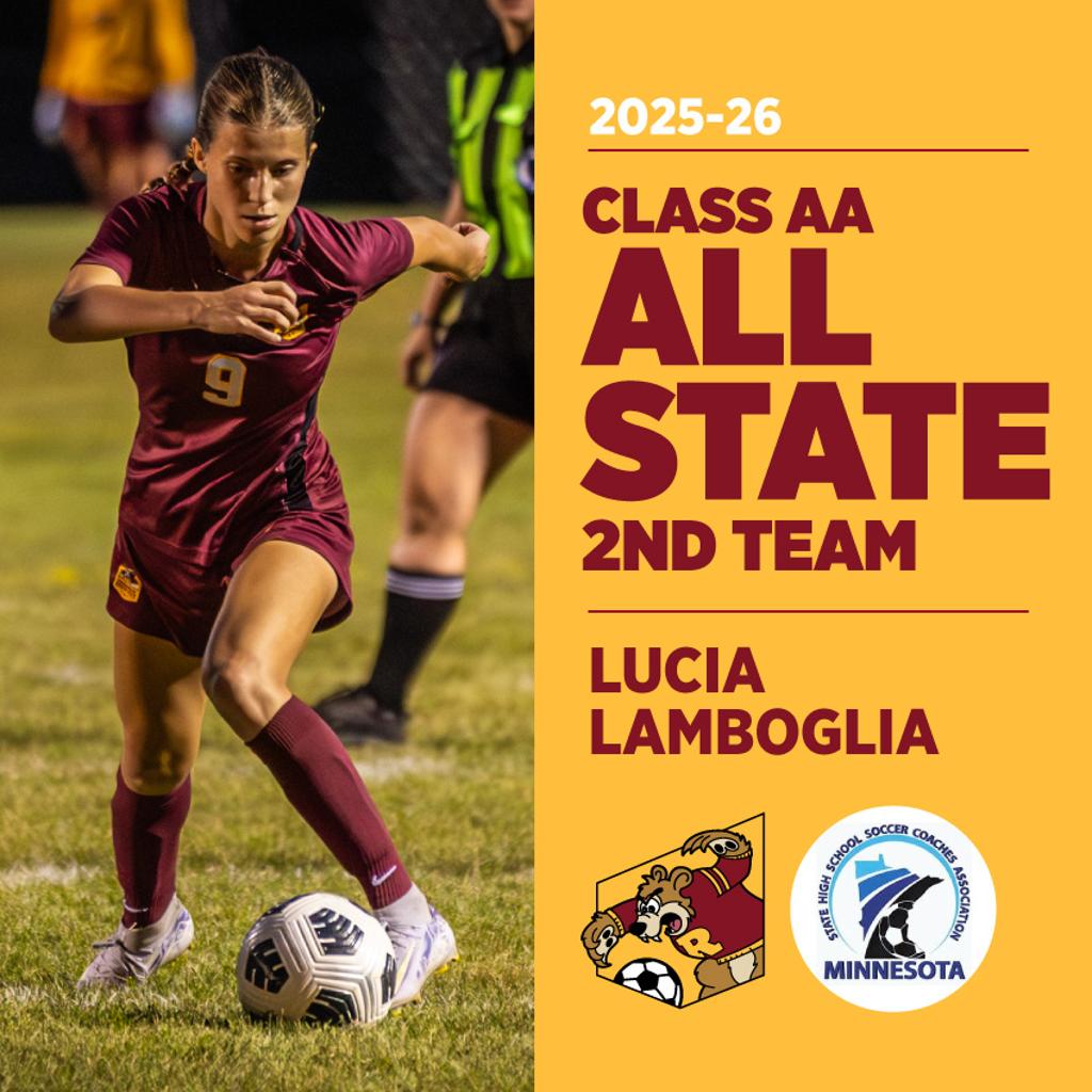 Image of Minneapolis Roosevelt High School Teddy Girls Soccer player Lucia Lamboglia dribbling the ball up during a game. Graphic: 2025-26 Class AA All State 2nd Team Lucia Lamboglia