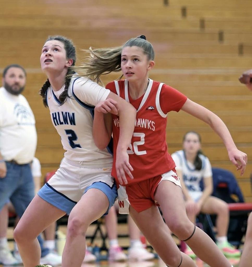 two basketball players on court