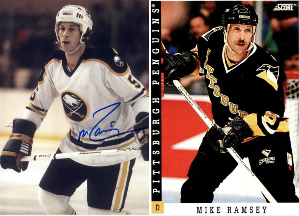 Trading cards of Mike Ramsey when he was a Buffalo Sabre and a Pittsburgh Penguin