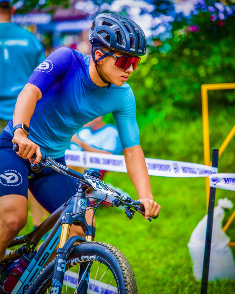 Ben Tesch riding at the 2025 USA Cycling MTB Men’s 15-16 XCO National Championships