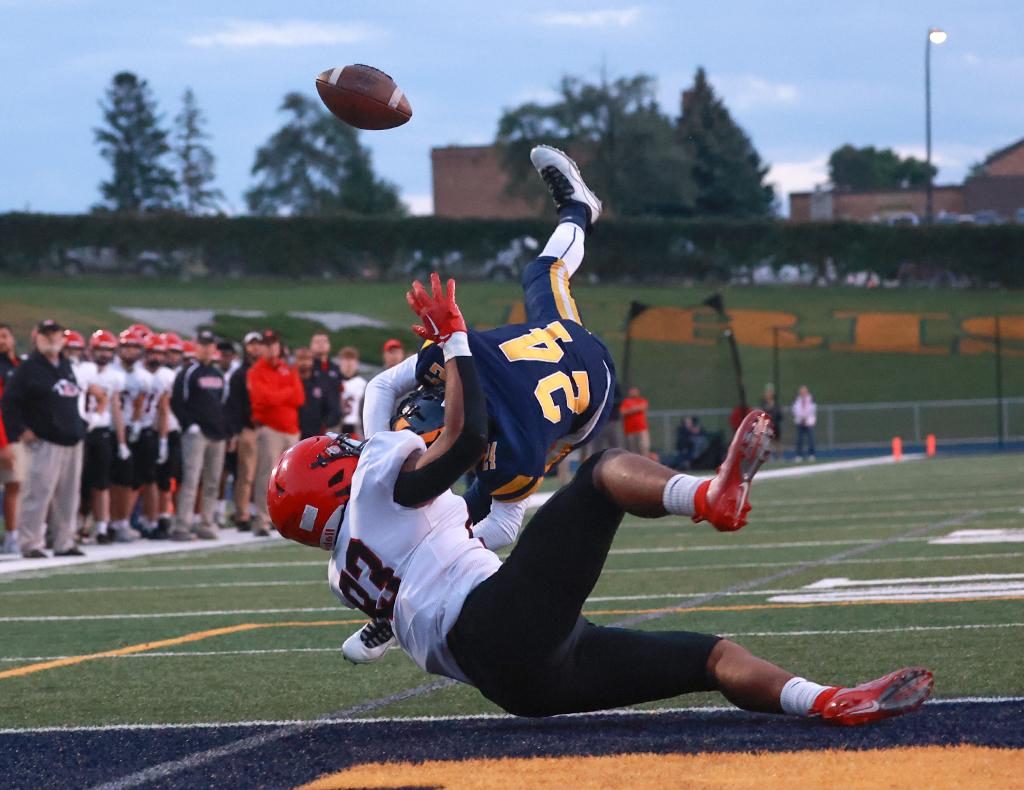 Chance Swansson (24) breaks up a passing play ending a first quarter scoring drive at the goal line. The Rosemount defense held Eden Prairie to just 7 points on Thursday night. Photo by Cheryl A. Myers, SportsEngine