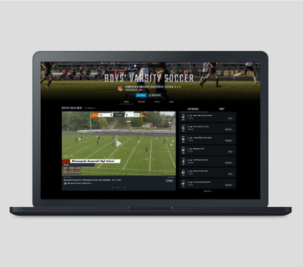 Image of a laptop with the Hudl website on the Roosevelt Soccer page. A Live Stream game is displayed.