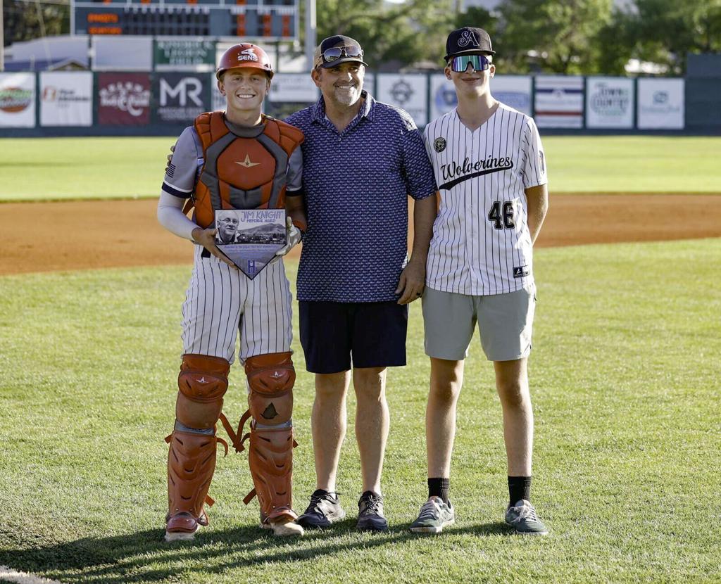 Helena Senators catcher Tizer Lindgren was presented with the 4th Annual Jim Knight Memorial Award Thursday evening at Kindrick Legion Field. Tizer Lindgren, Brian Knight (Jim's son and MLB umpire), Cameron Todd (Jim's grandson).