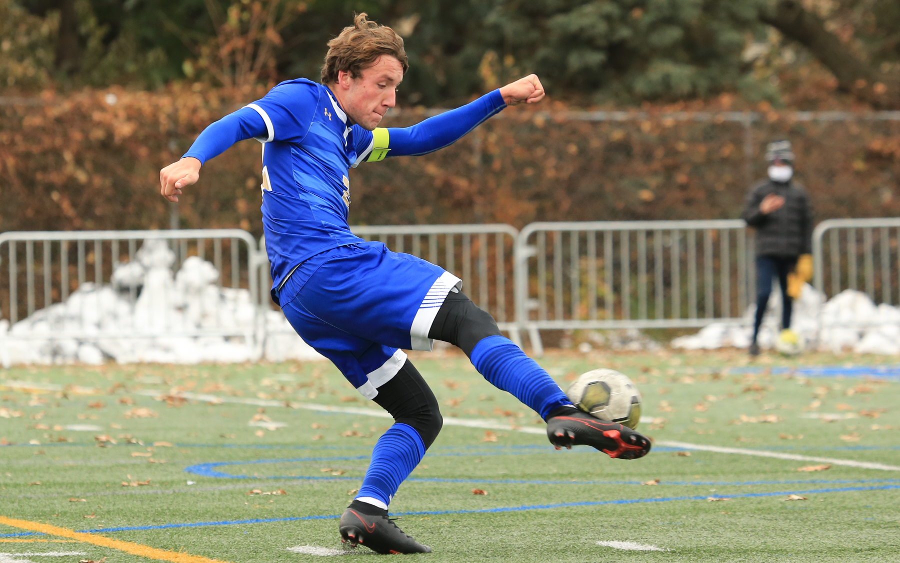 Holy Angels’ Carter Hermanson gets off a shot during the second half of Saturday afternoon’s match against Richfield. Hermanson had two goals in the Stars’ 4-1 Class 1A, Section 3 championship victory over the Spartans.  Photo by Jeff Lawler, SportsEngine