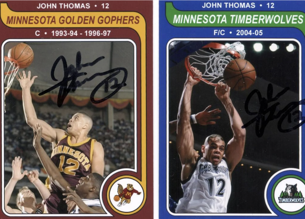 John Thomas trading cards for when he was a Golden Gopher and Minnesota Timberwolve