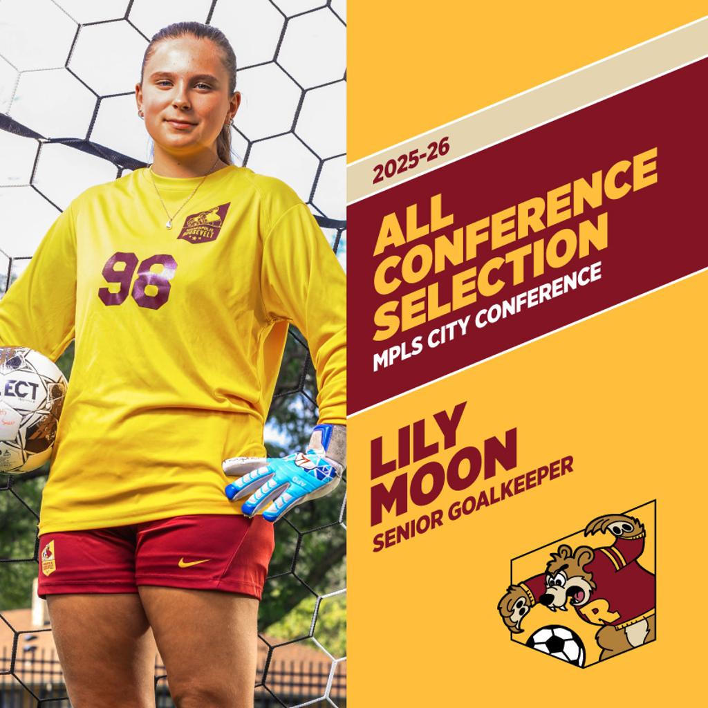 Image of Minneapolis Roosevelt High School Teddy Soccer player Lily Moon posing for the camera while holding a soccer ball. Graphic: 2025-26 All Conference Selection, Mpls City Conference, Lily Moon