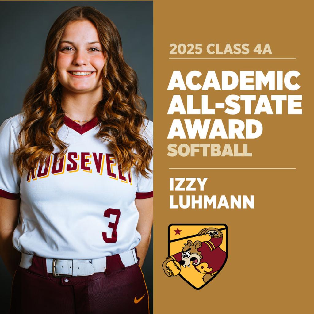 Image of Minneapolis Roosevelt High School Softball player posing for camera with graphic: 2025 Class AA Academic All-State Award Softball, Greta Prem