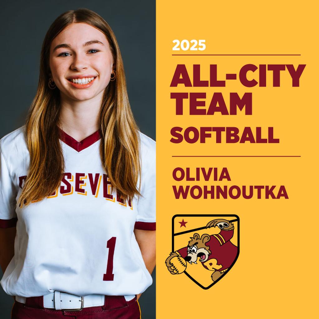 Image of Minneapolis Roosevelt High School Baseball player posing for camera with graphic: 2025 All-Conference Team Softball Olivia Wohnoutka