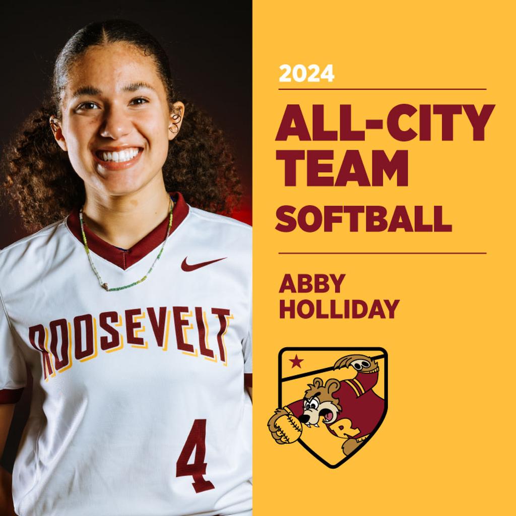 Image of Minneapolis Roosevelt High School Baseball player posing for camera with graphic: 2024 All-Conference Team Softball Abby Holliday