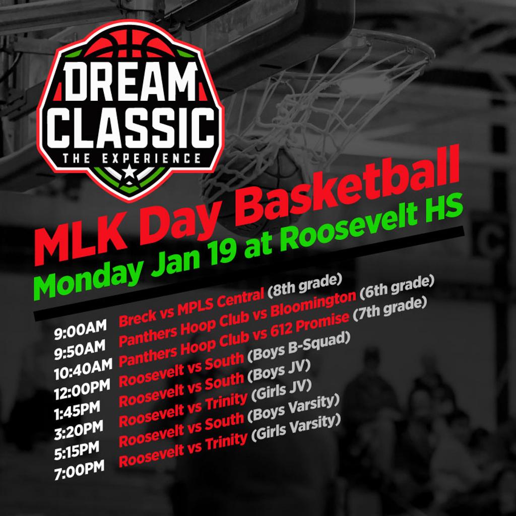 Graphic: MLK Day Basketball. Monday Jan 19 at Roosevelt HS