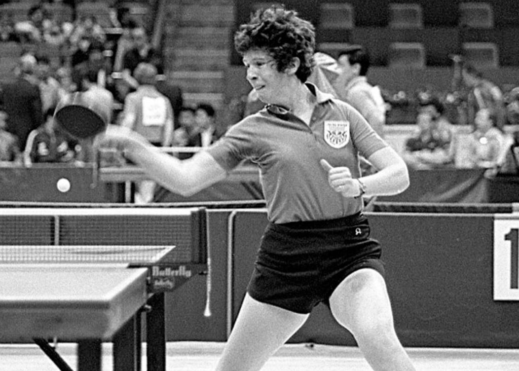 Minneapolis Roosevelt High School alumn Sheila O’Dougherty in action during a table tennis match