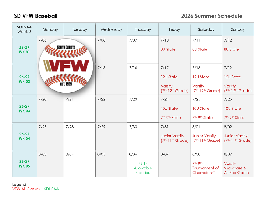 2026 SD VFW Baseball Schedule