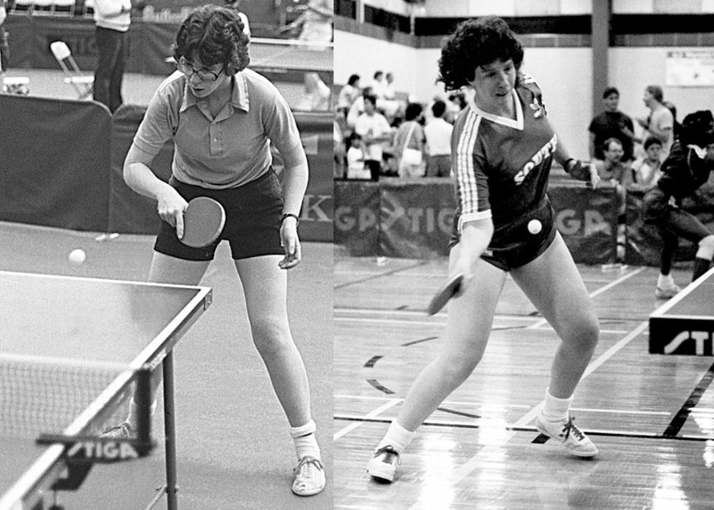Minneapolis Roosevelt High School alumn Sheila O’Dougherty in action during an amateur table tennis match on the left and a US Olympic Festival match 