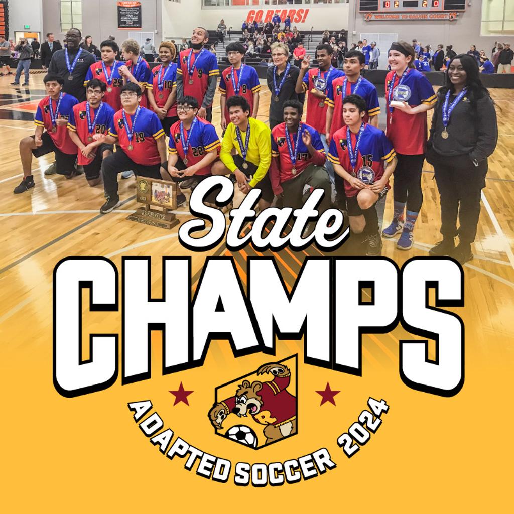 Image: Mpls Adapted Soccer players pose with the MN State Tournament Championship trophy