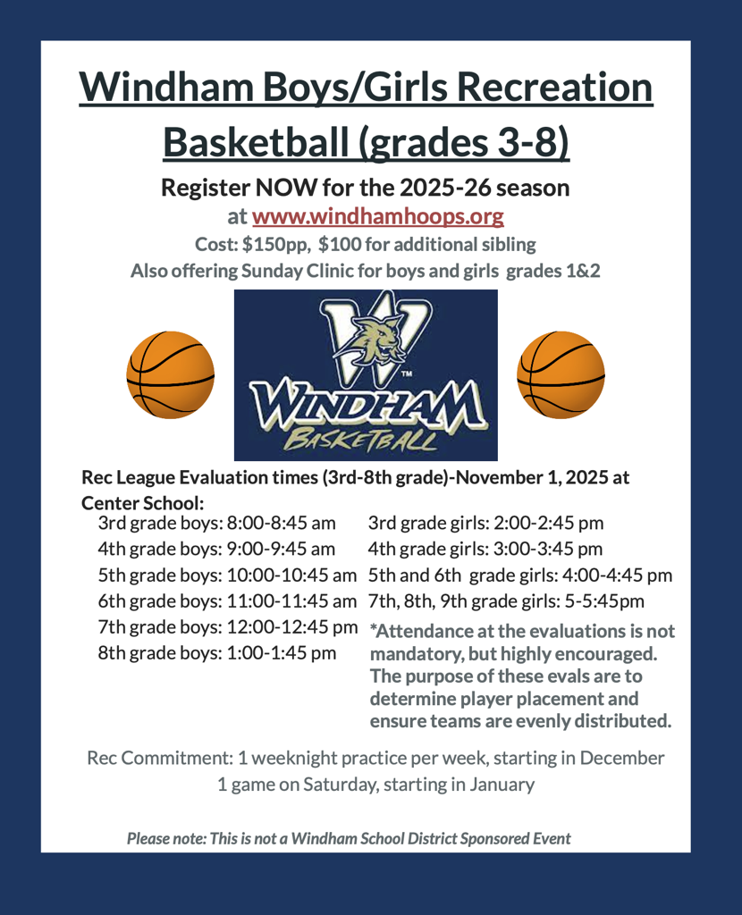 2025 - 2026 Rec Basketball Evaluation Schedule