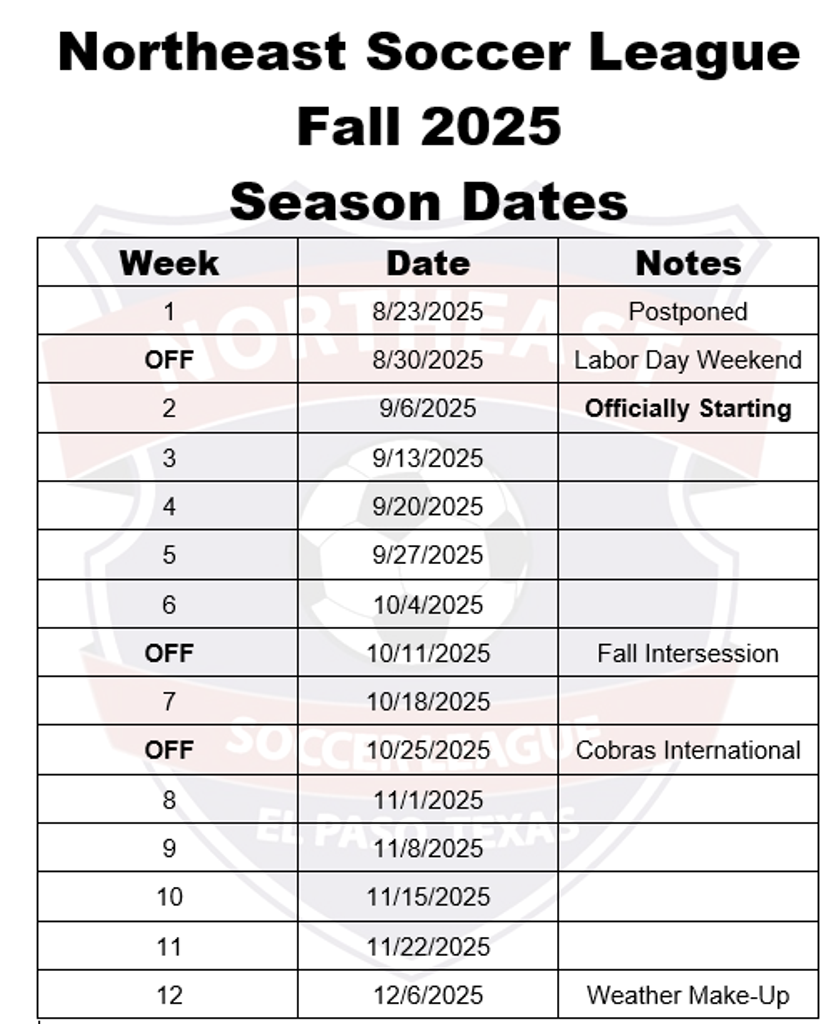 NESL FALL 2025 Season Dates  - Updated