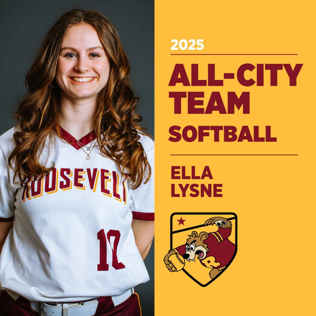 Image of Minneapolis Roosevelt High School Baseball player posing for camera with graphic: 2025 All-Conference Team Softball Ella Lysne