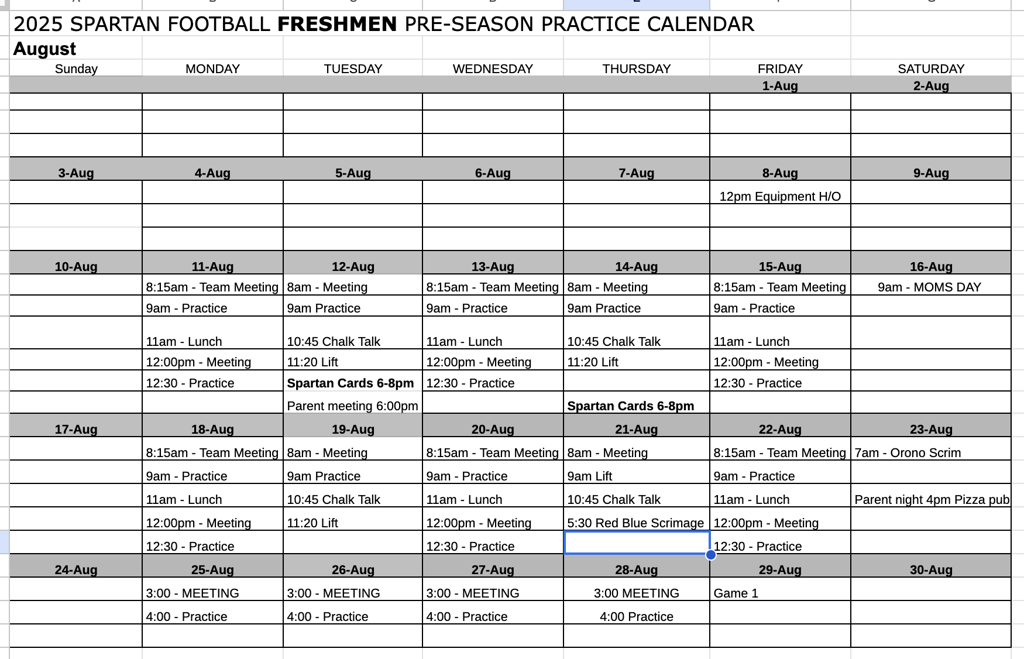 Freshman August Schedule