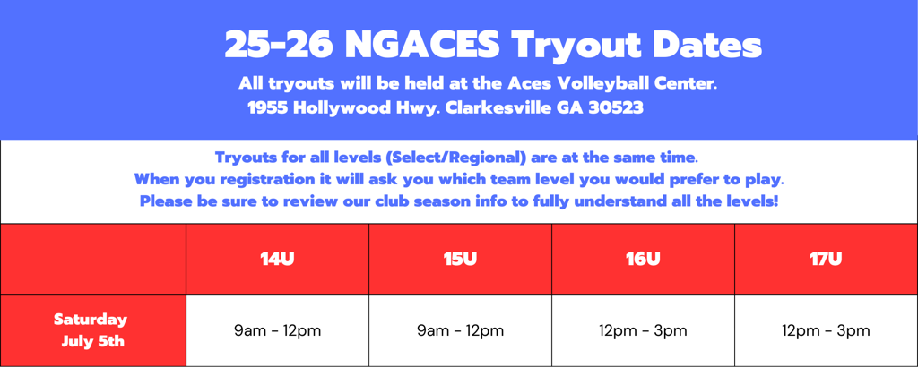 North Georgia Aces Volleyball club tryouts dates and times for the 2025-2026 club volleyball season