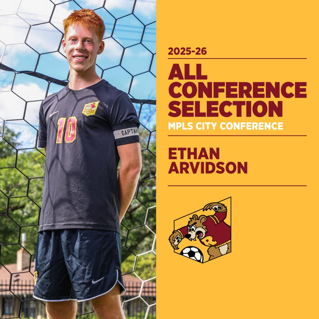 Image of Minneapolis Roosevelt High School Teddy Soccer player Ethan Arvidson posing for the camera while holding a soccer ball. Graphic: 2025-26 All Conference Selection, Mpls City Conference, Ethan Arvidson