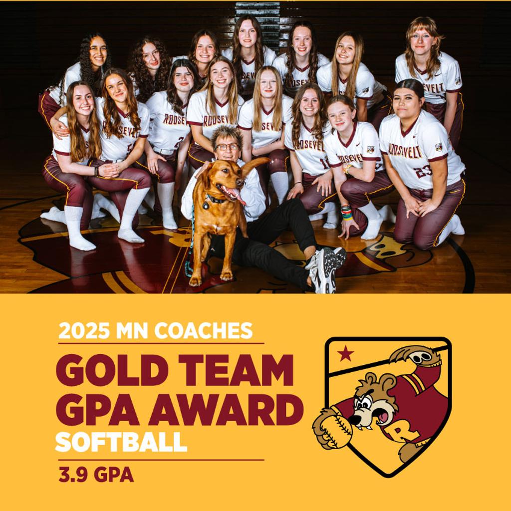 Image of Minneapolis Roosevelt High School Baseball team posing for camera with graphic: 2025 MN Coaches Gold Team GPA Award 3.9GPA