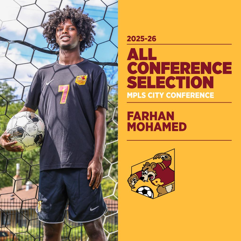 Image of Minneapolis Roosevelt High School Teddy Soccer player Farhan Mohamed posing for the camera while holding a soccer ball. Graphic: 2025-26 All Conference Selection, Mpls City Conference, Farhan Mohamed 