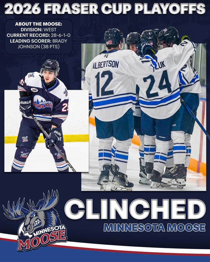 a blue background with a hockey player in the middle saying Minnesota Moose Clinched